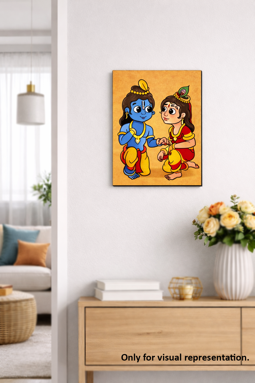 MDF DIY Canvas print of two animated characters holding hands on a wall in a living room.
