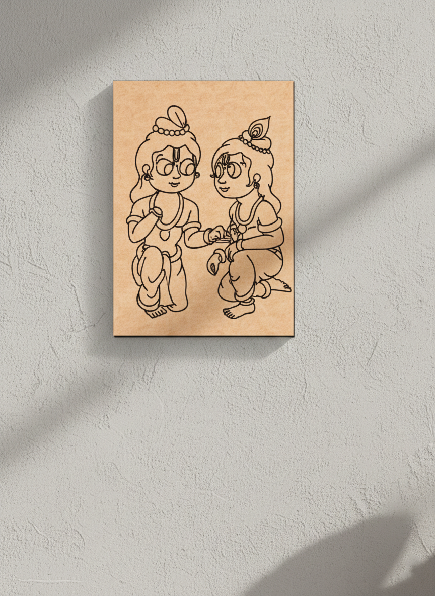 MDF DIY  wall art with engraved illustration of two characters on a light gray background