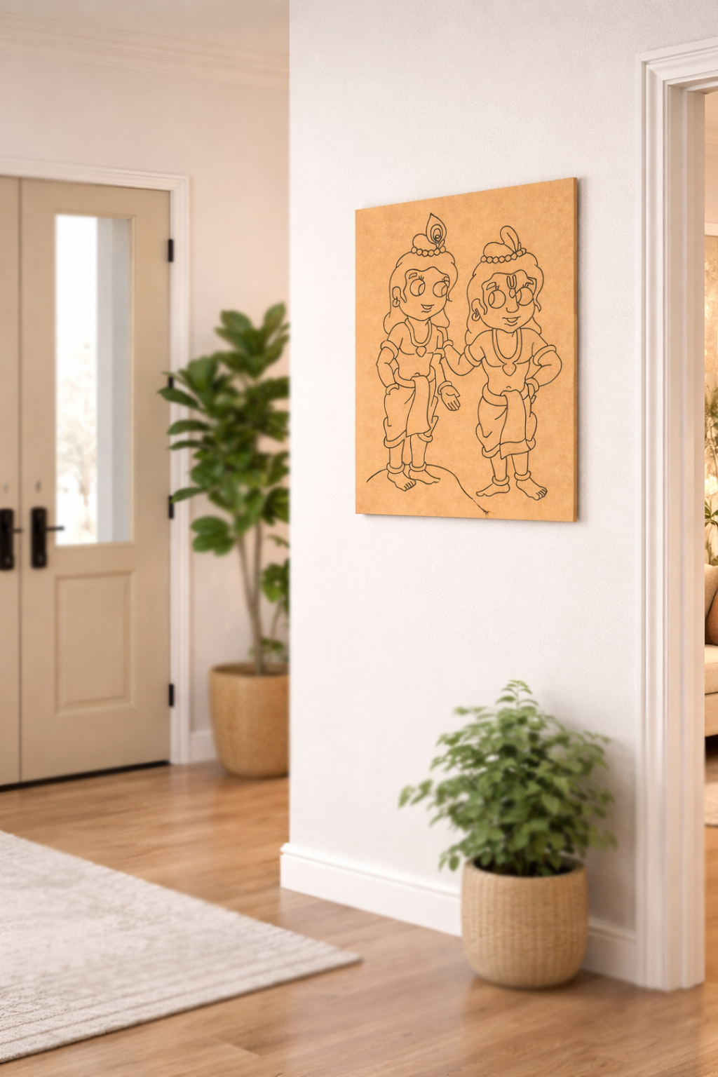 MDF DIY wall art of two animated characters on a white wall in a room with plants and a door.