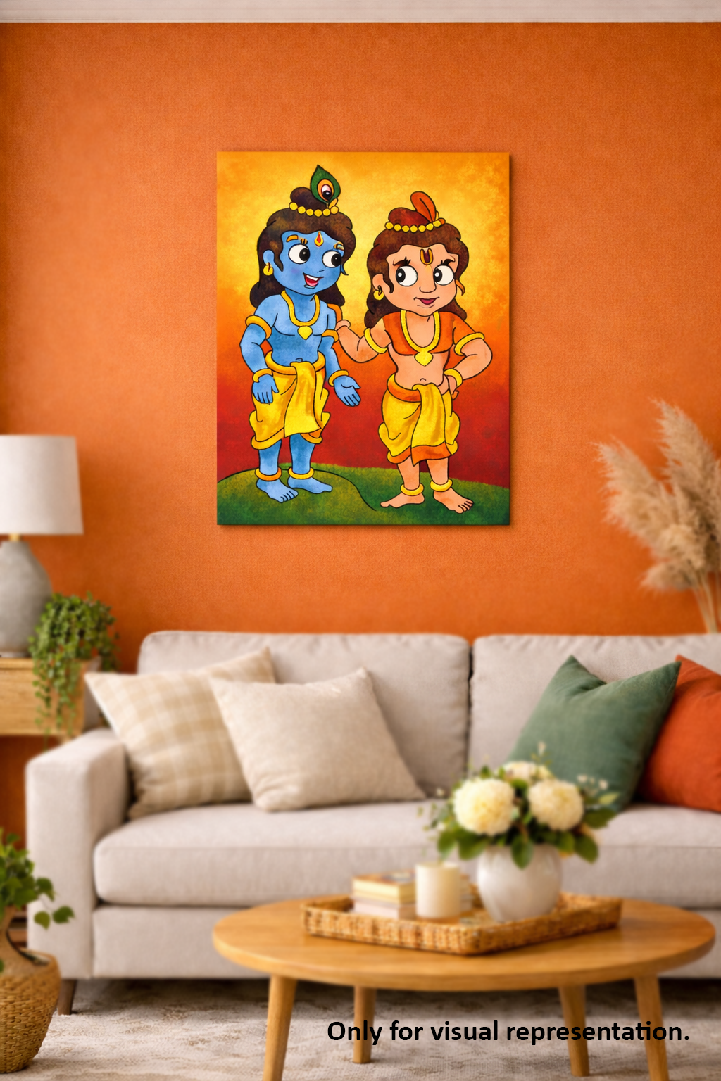 MDF DIY  Painting of two animated characters on an orange wall above a sofa.