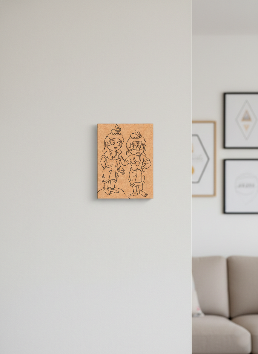 MDF DIY  wall art with two figures on a light gray wall.