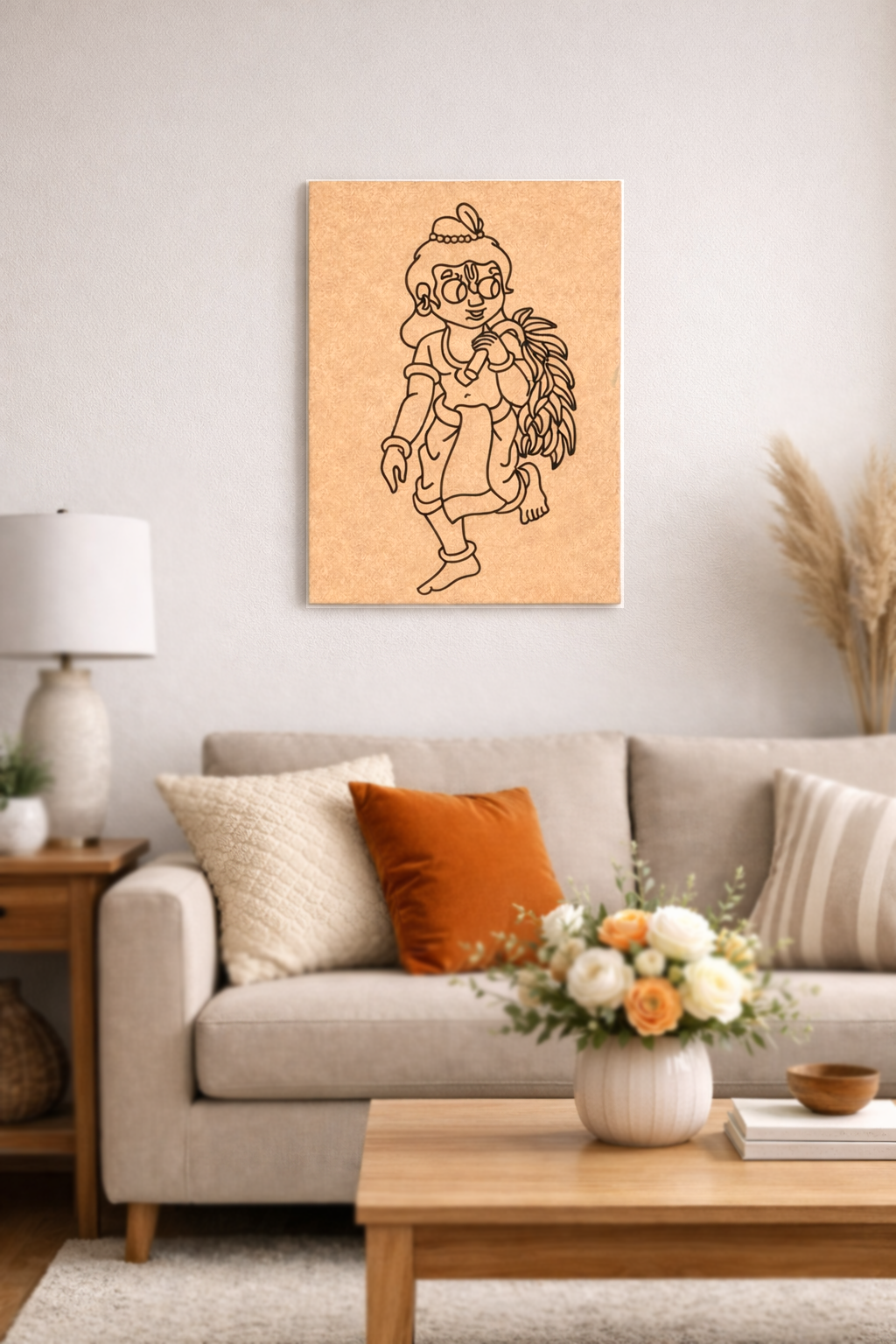Living room with a beige sofa, wooden coffee table, and a MDF DIY  wall art piece of a cartoon character.