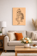 Living room with a beige sofa, wooden coffee table, and a MDF DIY  wall art piece of a cartoon character.