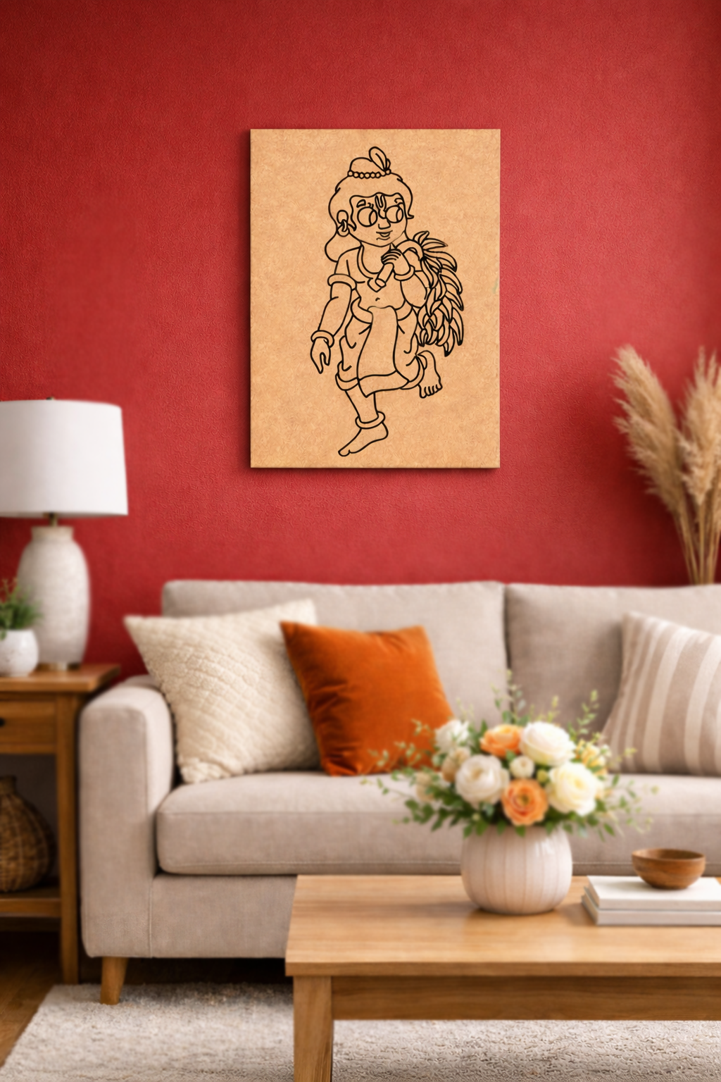 Living room with a red wall, beige sofa, and decorative elements.
