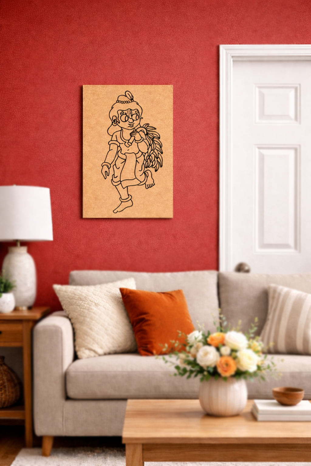 Living room with a red wall, beige sofa, and a MDF DIY framed drawing of a girl.