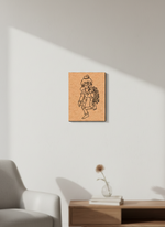 MDF DIY  wall art with a black line drawing of a person wearing a hat and carrying a bag, mounted on a white wall.