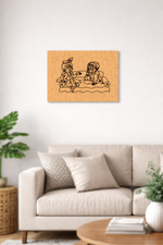 MDF DIY Framed artwork of two cartoon characters on a board in a living room setting.
