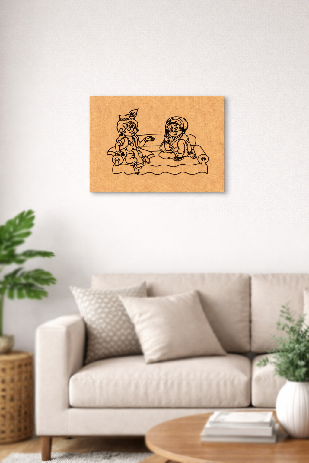 MDF DIY Framed artwork of two cartoon characters on a board in a living room setting.