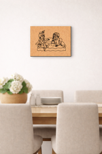 MDF DIY Framed artwork of two people on a couch in a dining room setting with a table and chairs.