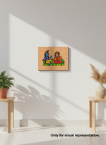 Decorative MDF DIY wall art with cartoon characters on a wooden panel in a minimalistic room.