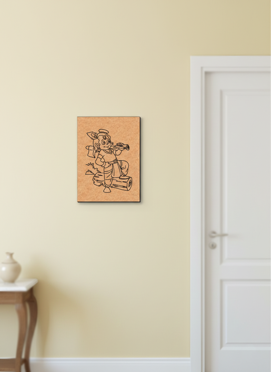 MDF DIY wall art of a cartoon character on a beige wall with a white door and table.