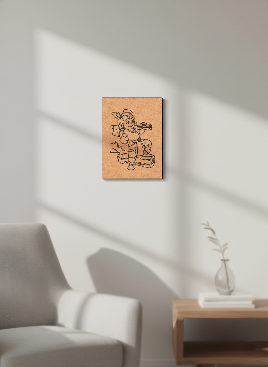 MDF DIY  wall art of a cartoon character in a living room with sunlight casting shadows.
