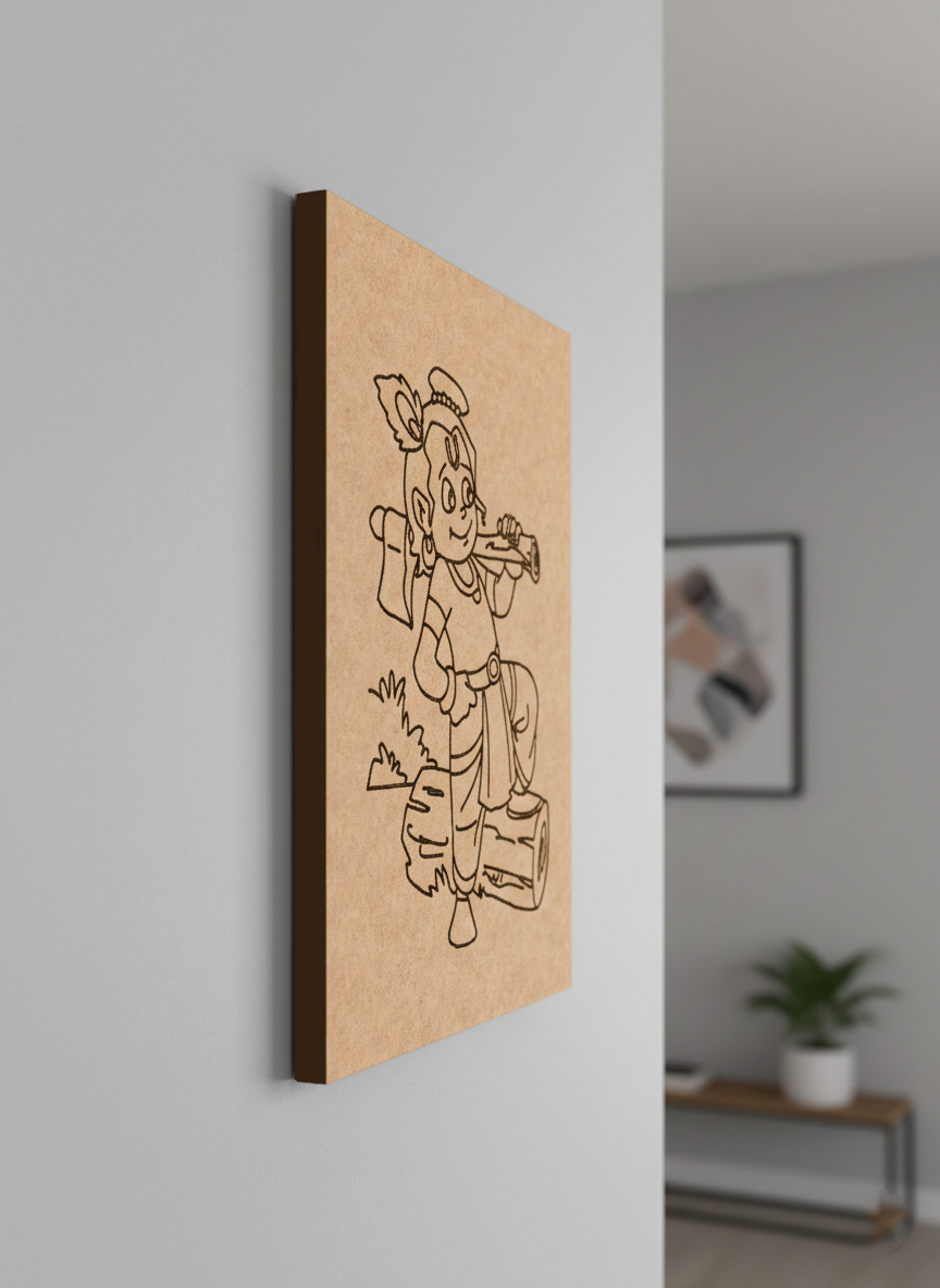 MDF DIY  wall art with a engraved design of a character on a plain wall.