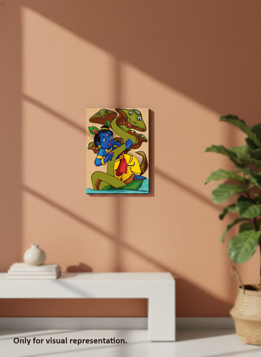 MDF DIY  Colorful painting of a character on a wooden panel against a beige wall with a plant and decorative items.