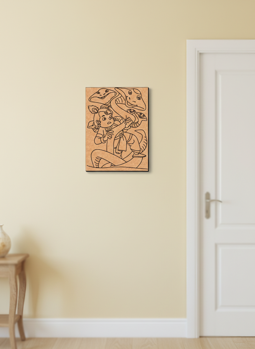 MDF DIY  wall art of a krishna with a snake on a beige wall next to a white door.