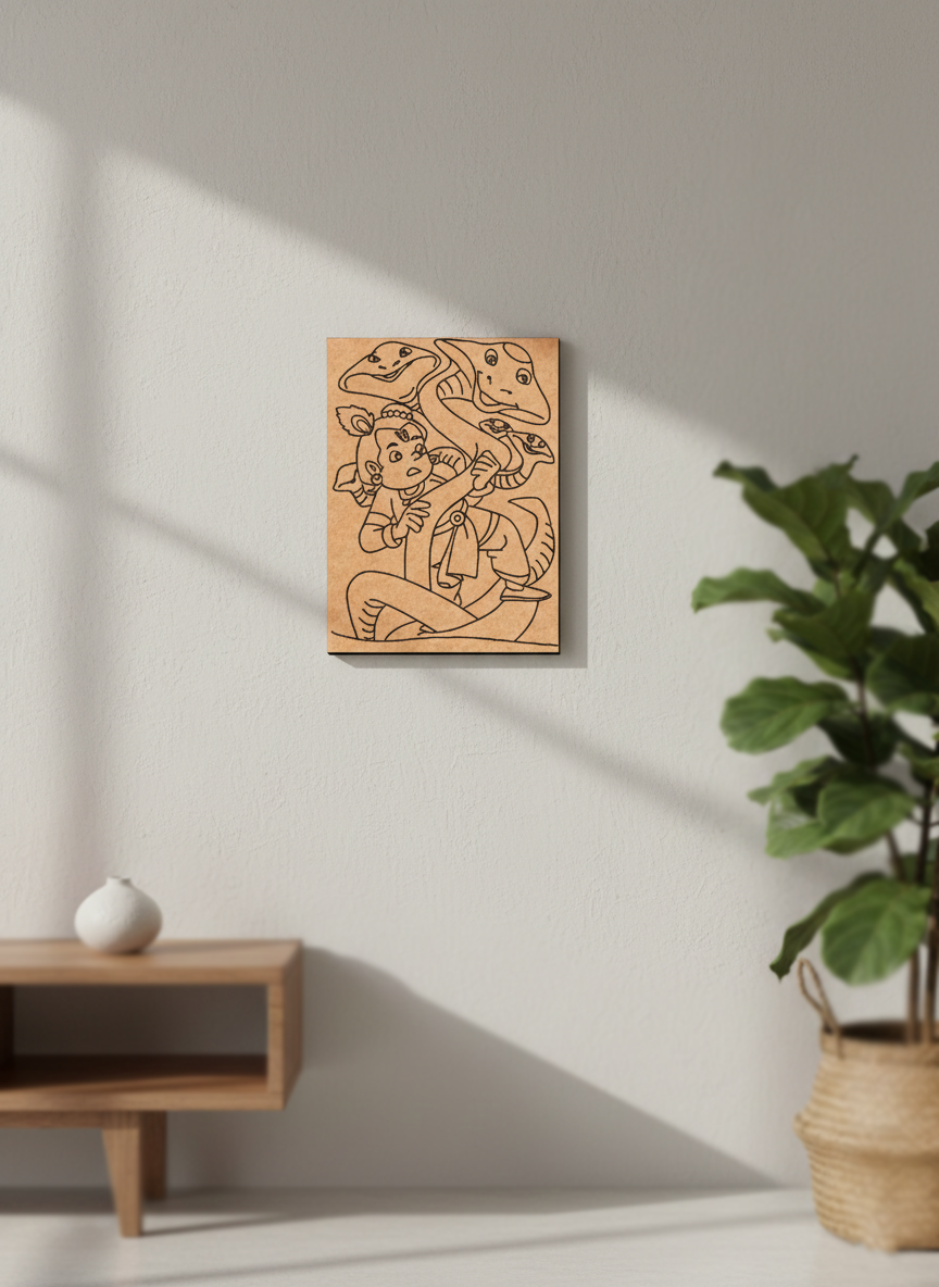 MDF DIY  wall art with abstract design in a minimalistic room with a plant and side table.