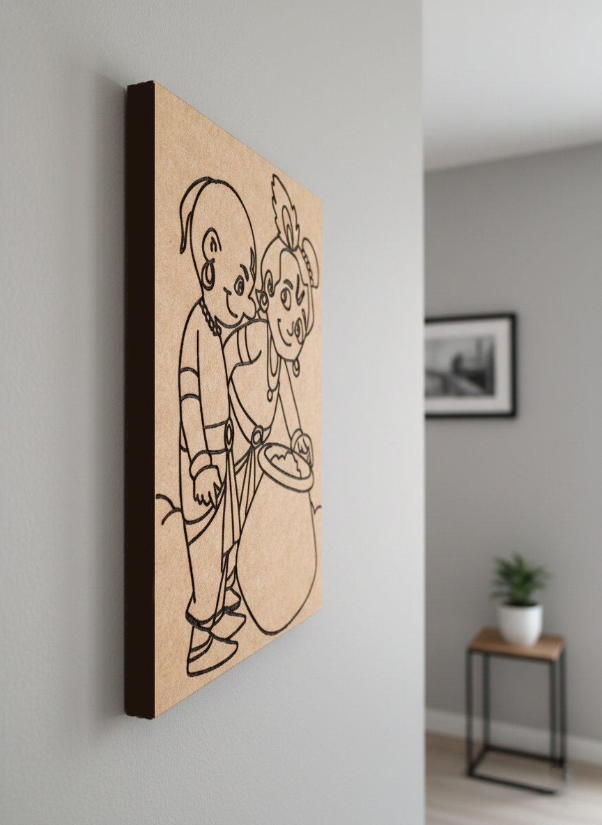 MDF DIY  wall art with a cartoon design of two children on a gray wall.