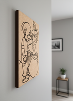 MDF DIY  wall art with a cartoon design of two children on a gray wall.