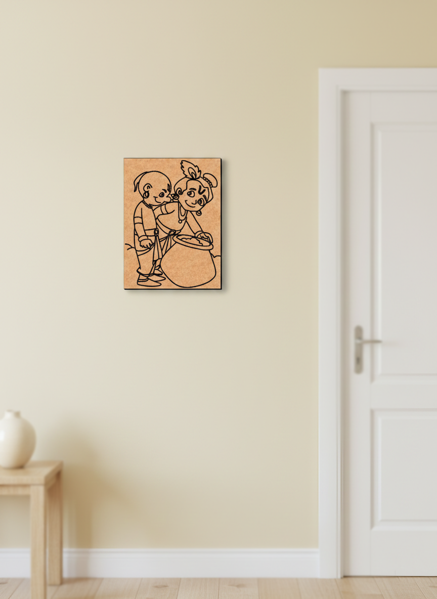 MDF DIY  wall art with cartoon characters on a beige wall next to a white door.