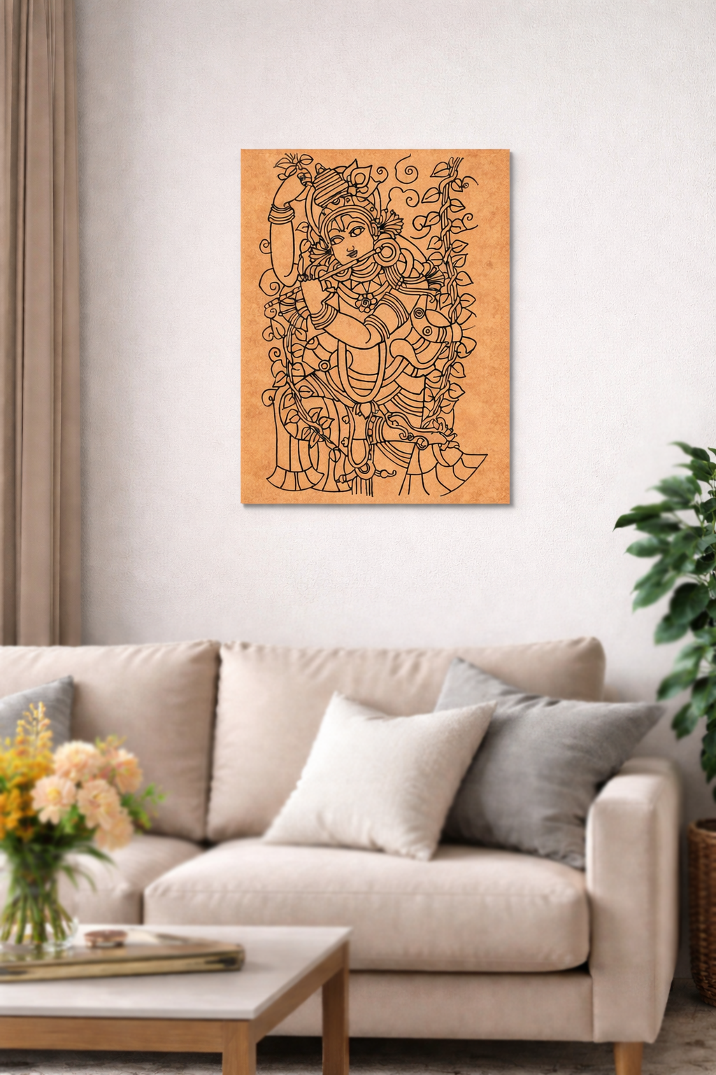 Decorative MDF DIY wall art of a traditional figure in a living room.