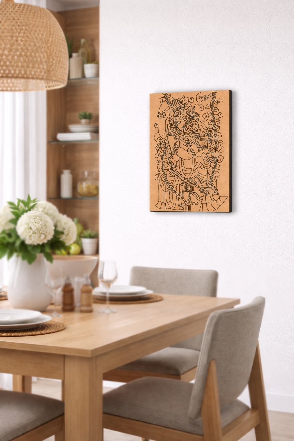 Dining room with wooden table, chairs, and a decorative MDF DIY wall art piece.