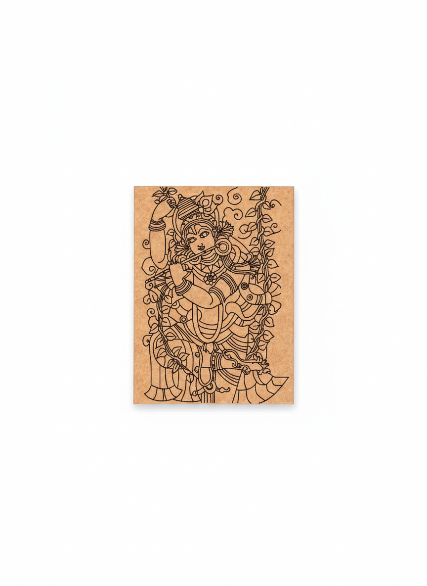 MDF DIY wall art  with a engraved design of a krishna holding a flute on a white background