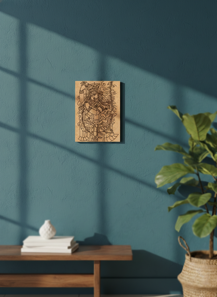 MDF DIY wall art piece on a blue wall with a plant and table in the foreground