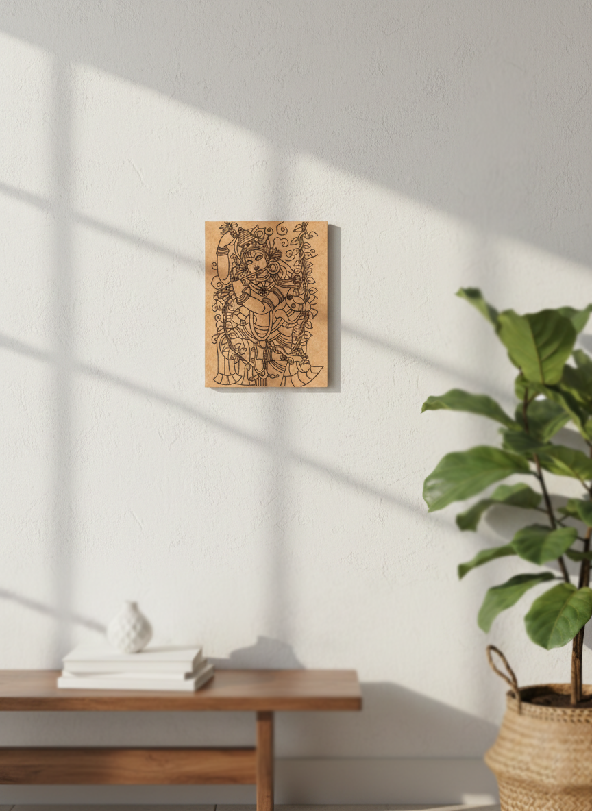 MDF DIY  wall art piece on a white wall with a wooden table and plant in the foreground.