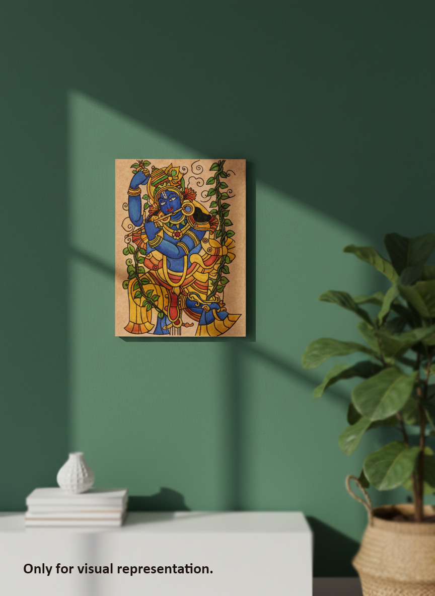 Colorful MDF DIY wall art of a deity on a green wall with a plant and decorative items.