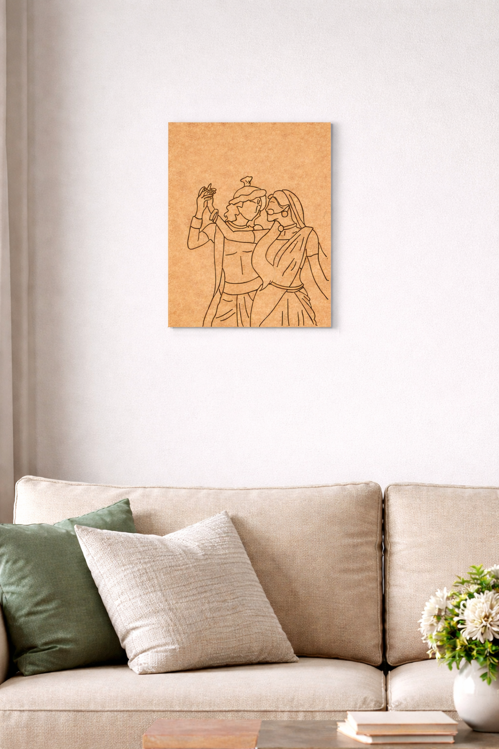 MDF DIY  wall art of a couple on a white wall above a beige sofa with green and white cushions.