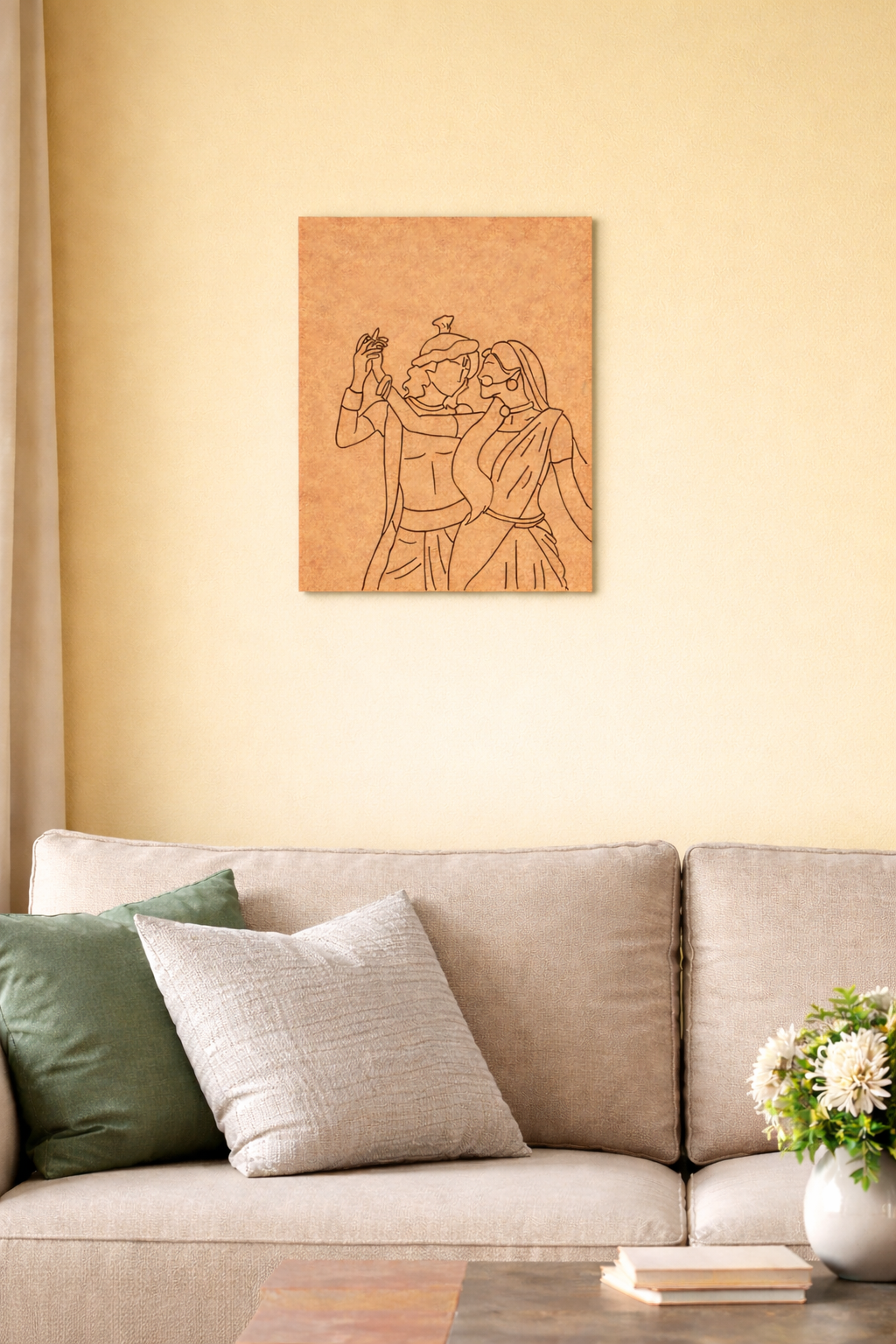 Sofa with decorative pillows and a MDF DIY wall art piece in a living room.