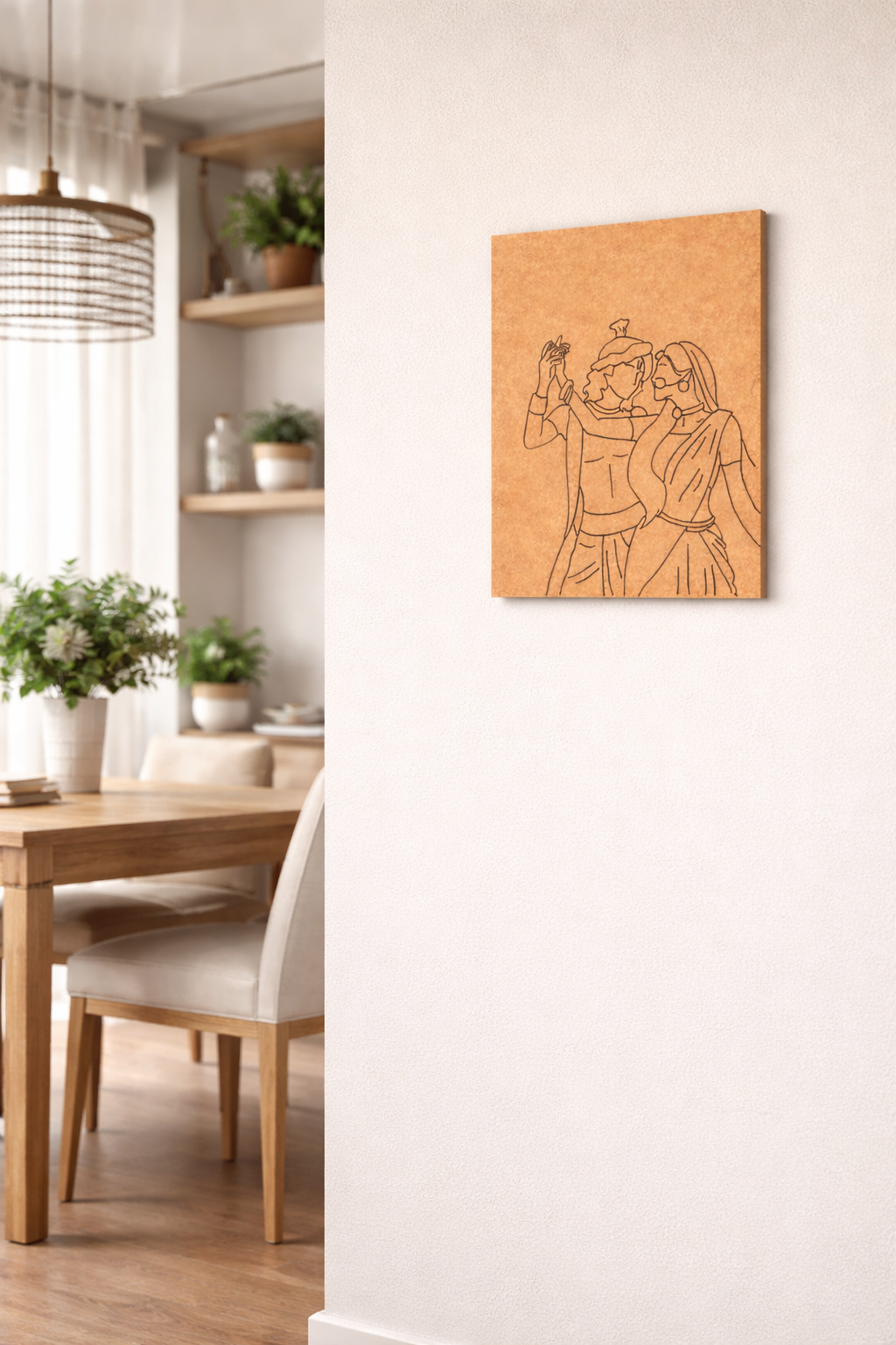 MDF DIY  wall art of a couple on a white wall in a room with a dining table and chairs.