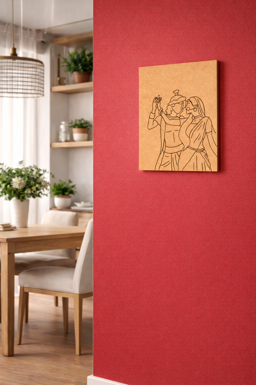 MDF DIY wall art of a couple on a red wall with a dining area in the background