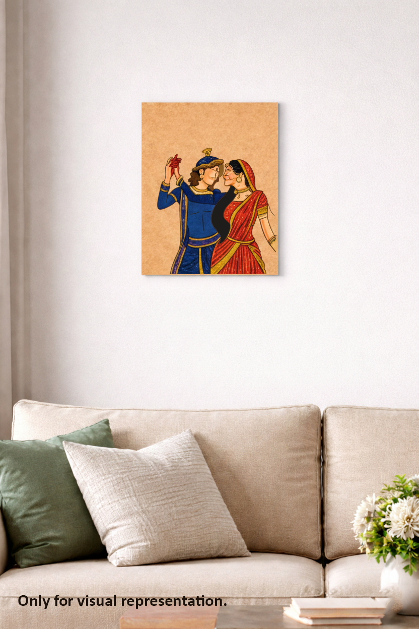 MDF DIY Framed artwork of a couple on a wall above a sofa with decorative pillows.