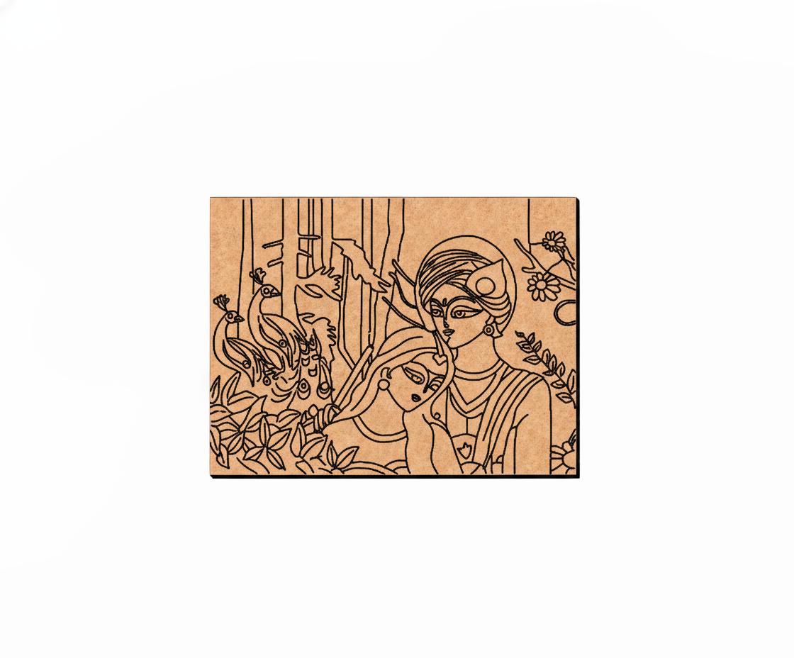 MDF DIY wall art  with engraved design of a radha and krishna, surrounded by flowers and leaves, on a white background.
