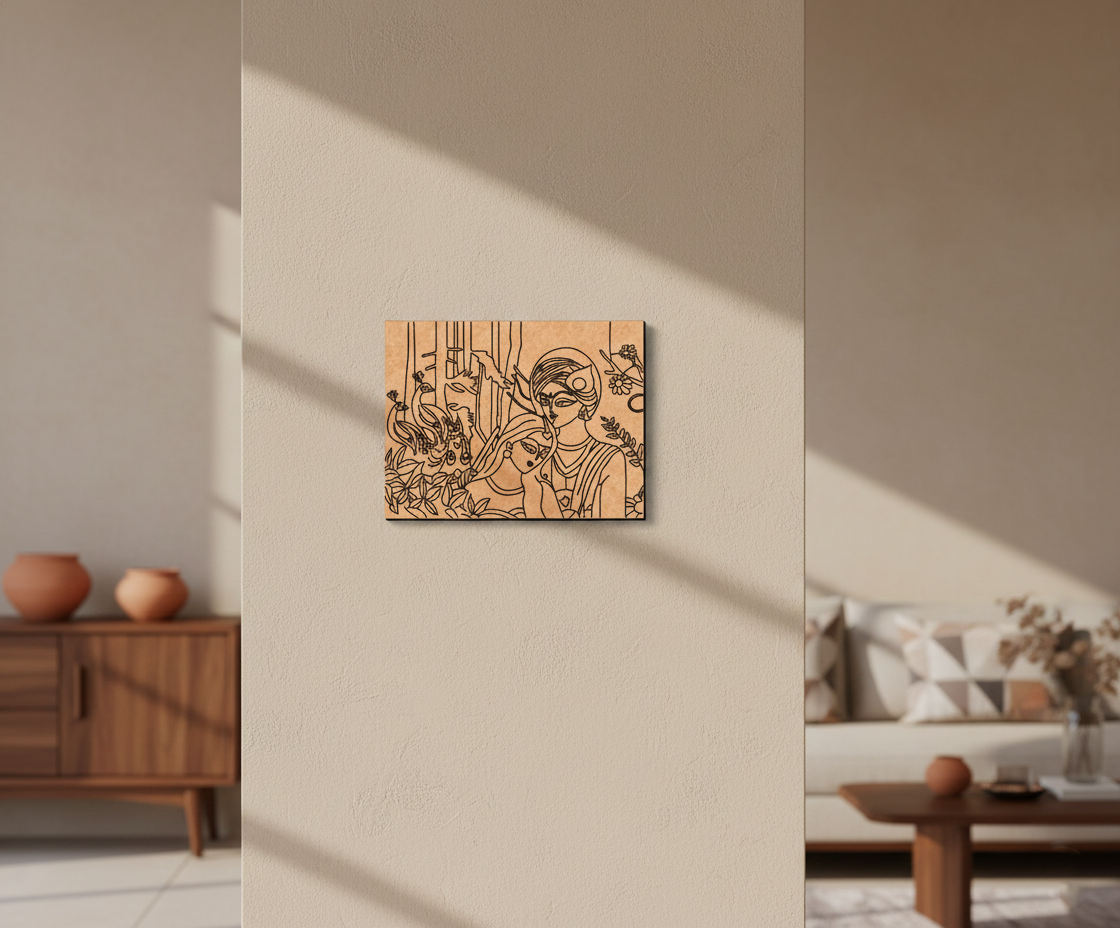 MDF DIY wall art piece on a beige wall with a living room setting.