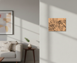 Modern living room with abstract MDF DIY wall art and a small table with a plant.