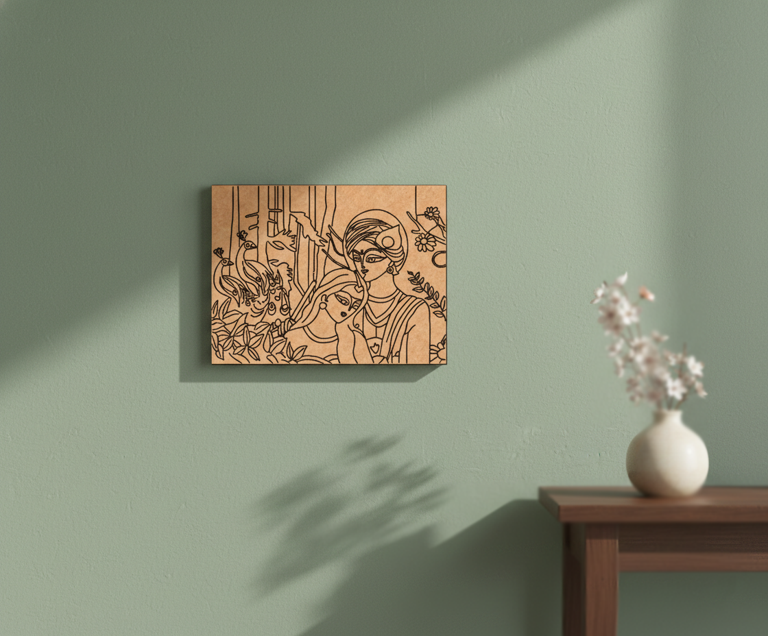MDF DIY wall art with a floral design on a green wall, next to a small table with a vase.