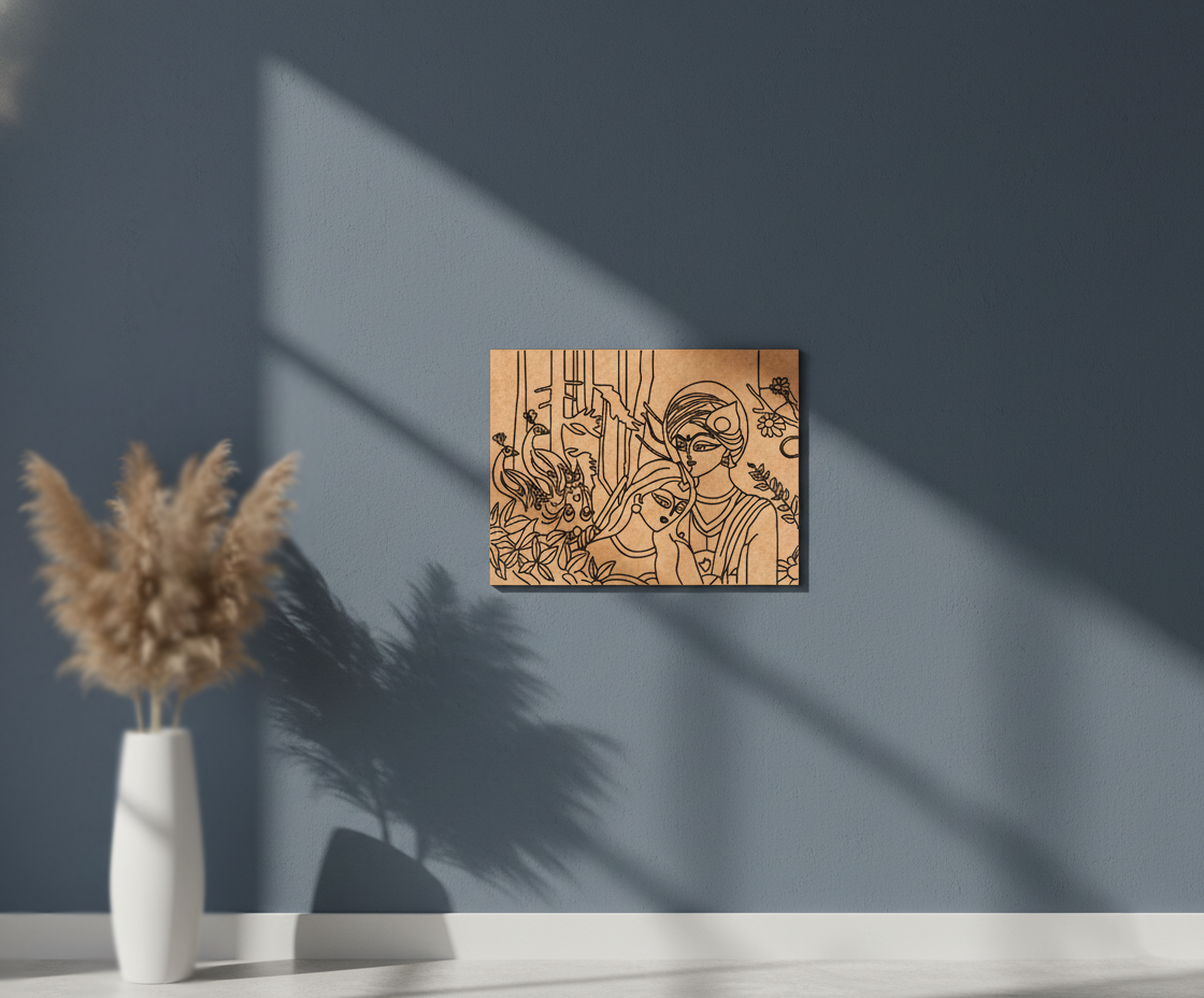MDF DIY  wall art piece on a dark blue wall with a vase of dried plants below.