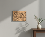MDF DIY  wall art with artistic design on a gray wall, next to a small table with a vase.