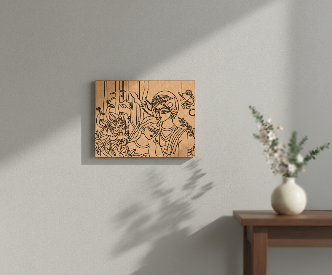 MDF DIY  wall art with artistic design on a gray wall, next to a small table with a vase.