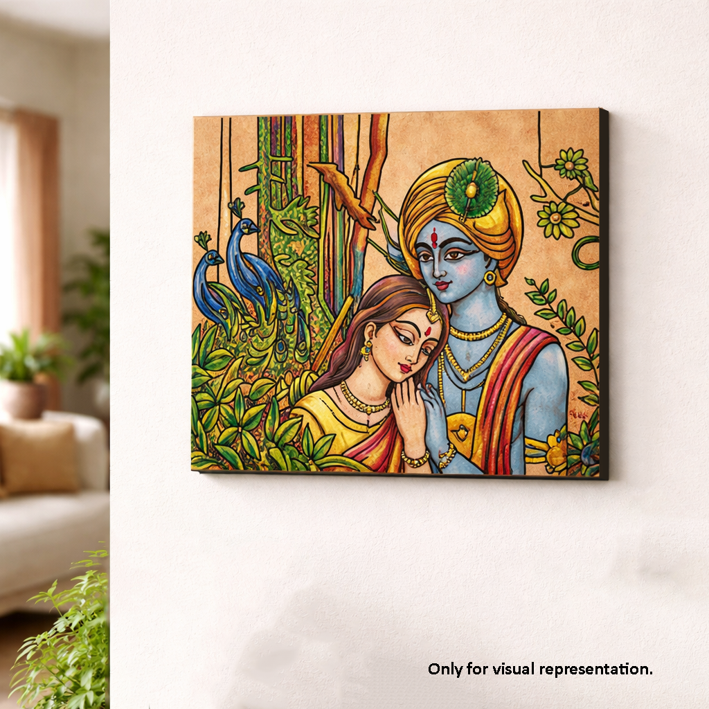 Decorative MDF DIY  wall art of a couple in traditional attire with peacocks, on a light-colored wall.