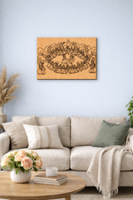 Living room with a beige sofa, wooden coffee table, and decorative MDF DIY wall art.