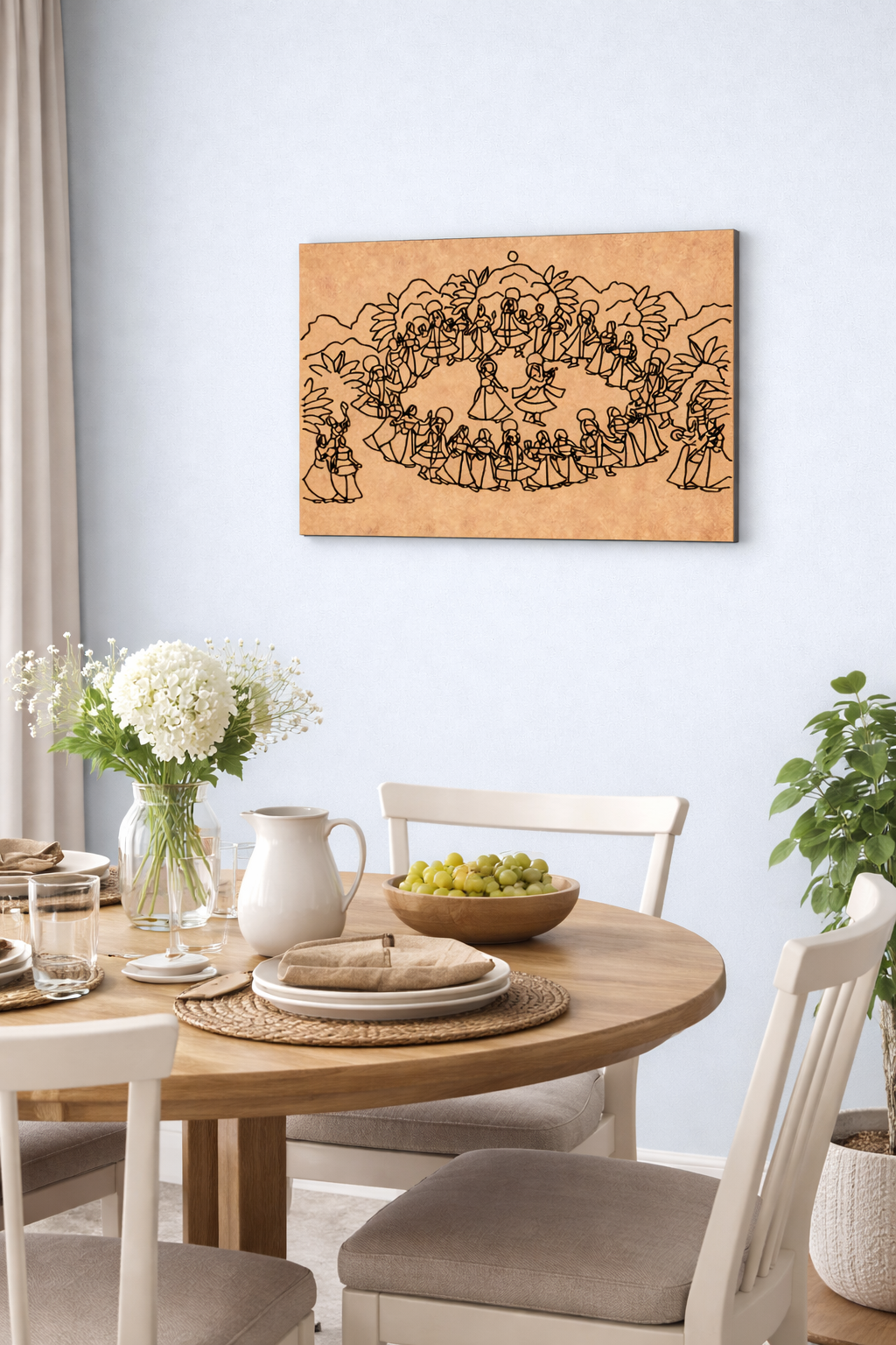 Living room with  wooden coffee table, and decorative MDF DIY wall art on a sky blue wall.
