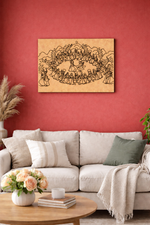Living room with a beige sofa, wooden coffee table, and decorative MDF DIY wall art on a red wall.