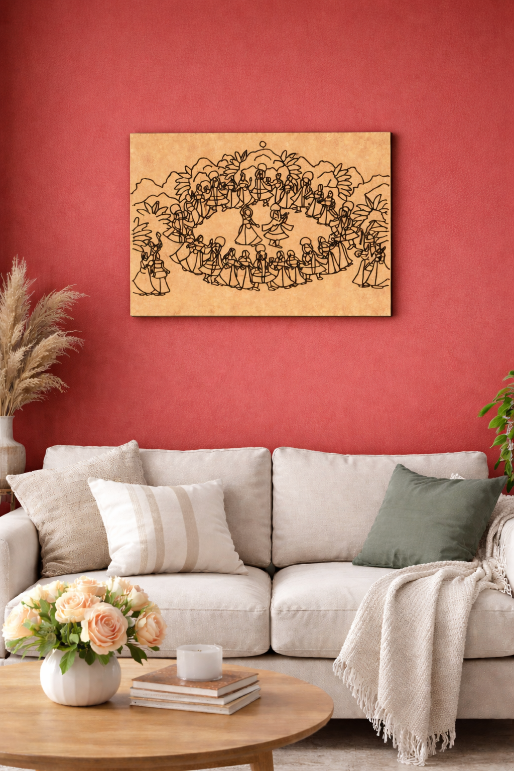 Living room with a beige sofa, wooden coffee table, and decorative MDF DIY wall art on a red wall.