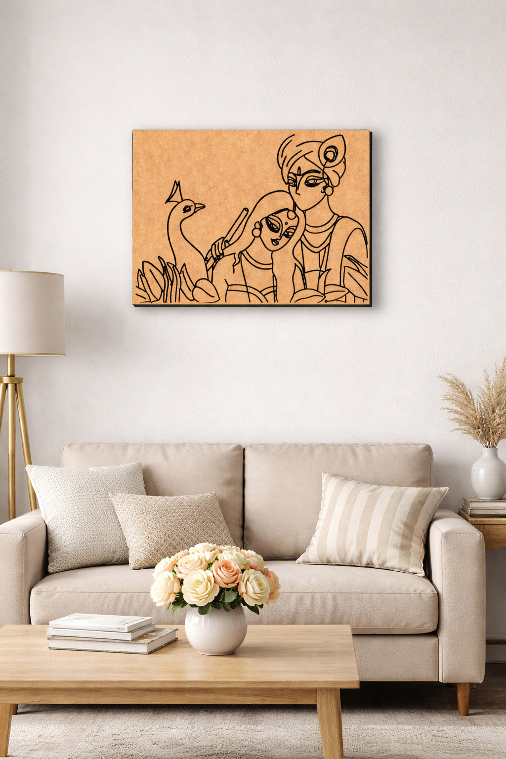 Living room with a beige sofa, wooden coffee table, and a decorative MDF DIY wall art piece.