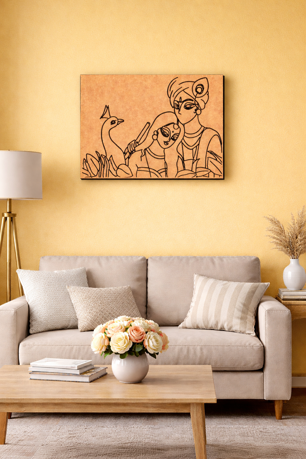 Living room with a beige sofa, wooden coffee table, and decorative MDF DIY wall art.