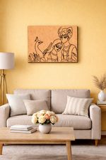 Living room with a beige sofa, wooden coffee table, and decorative MDF DIY wall art.