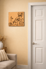 Wooden MDF DIY wall art of a figure with a peacock on a beige wall next to a white door.